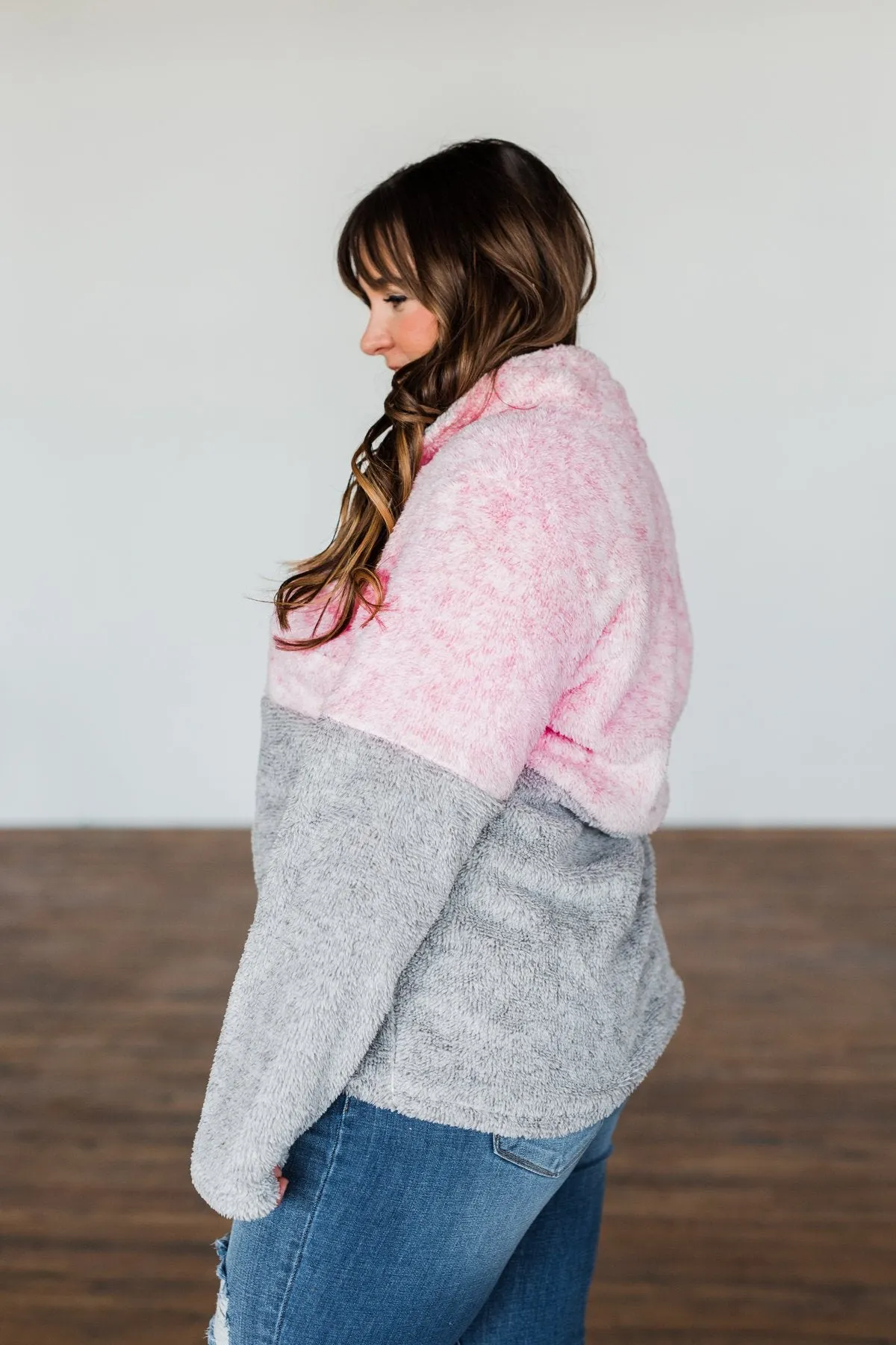 1/4 Button Snap Color Block Sherpa- Pink & Grey