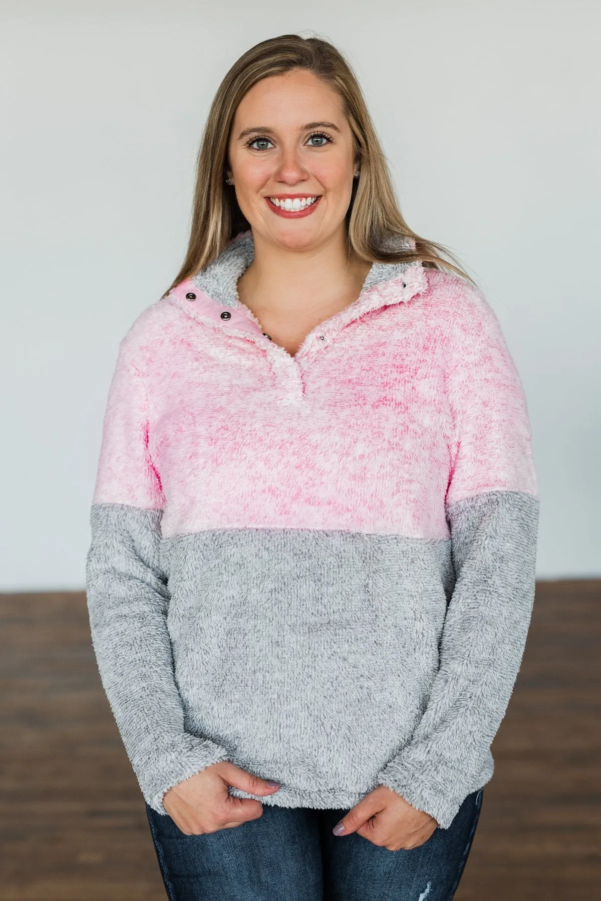 1/4 Button Snap Color Block Sherpa- Pink & Grey