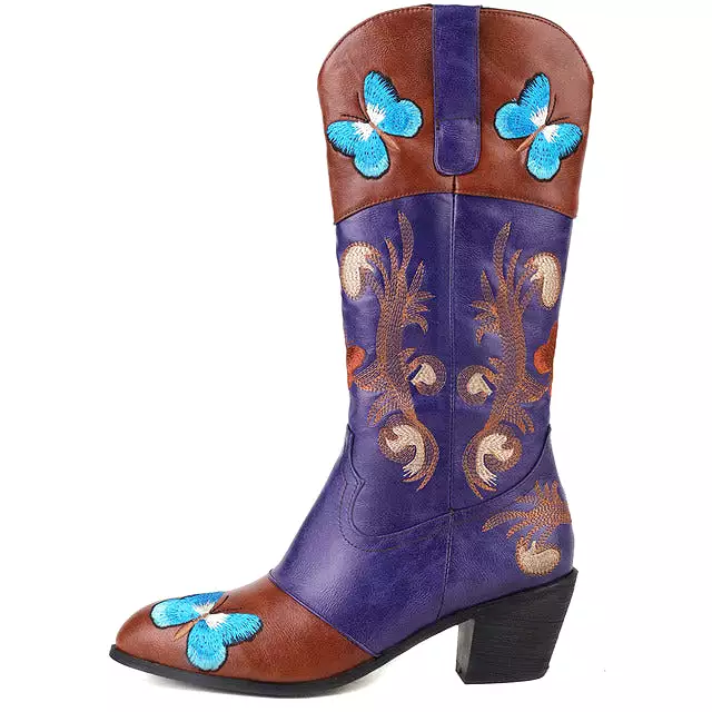 Ashore Western Shop Cowgirl Mid Calf Boots Butterfly Embroidered Pointed Slip On Boots