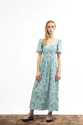 Beatrice Maxi Dress With Sweetheart Neckline / Cottage Blue + Pewter Green Cotton Toile