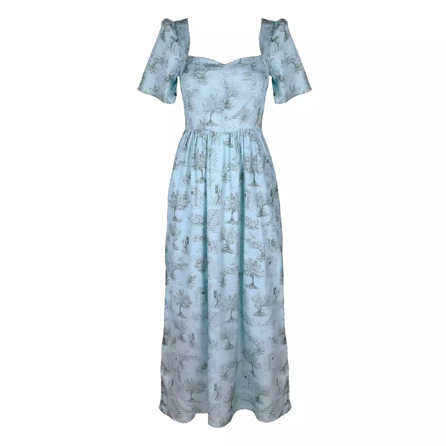 Beatrice Maxi Dress With Sweetheart Neckline / Cottage Blue + Pewter Green Cotton Toile