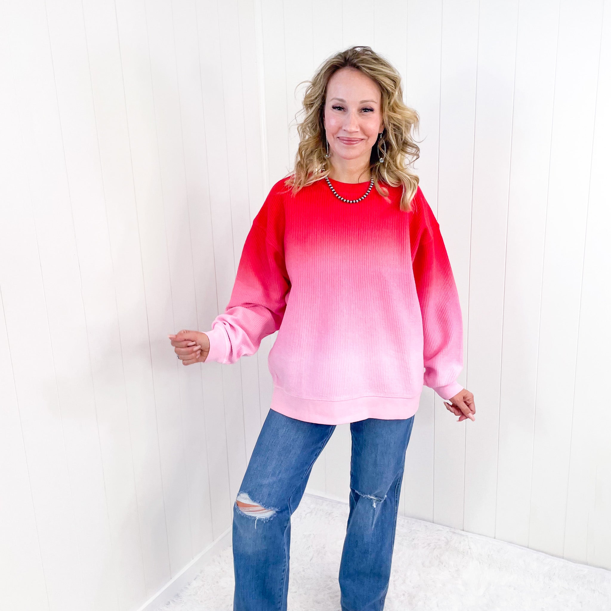 Berry Blast Ombre Oversized Luxe Soft Corded Crewneck Pullover