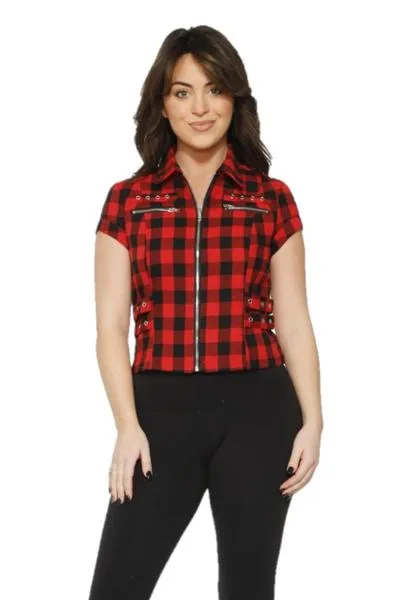 Black Red Check Zip Top