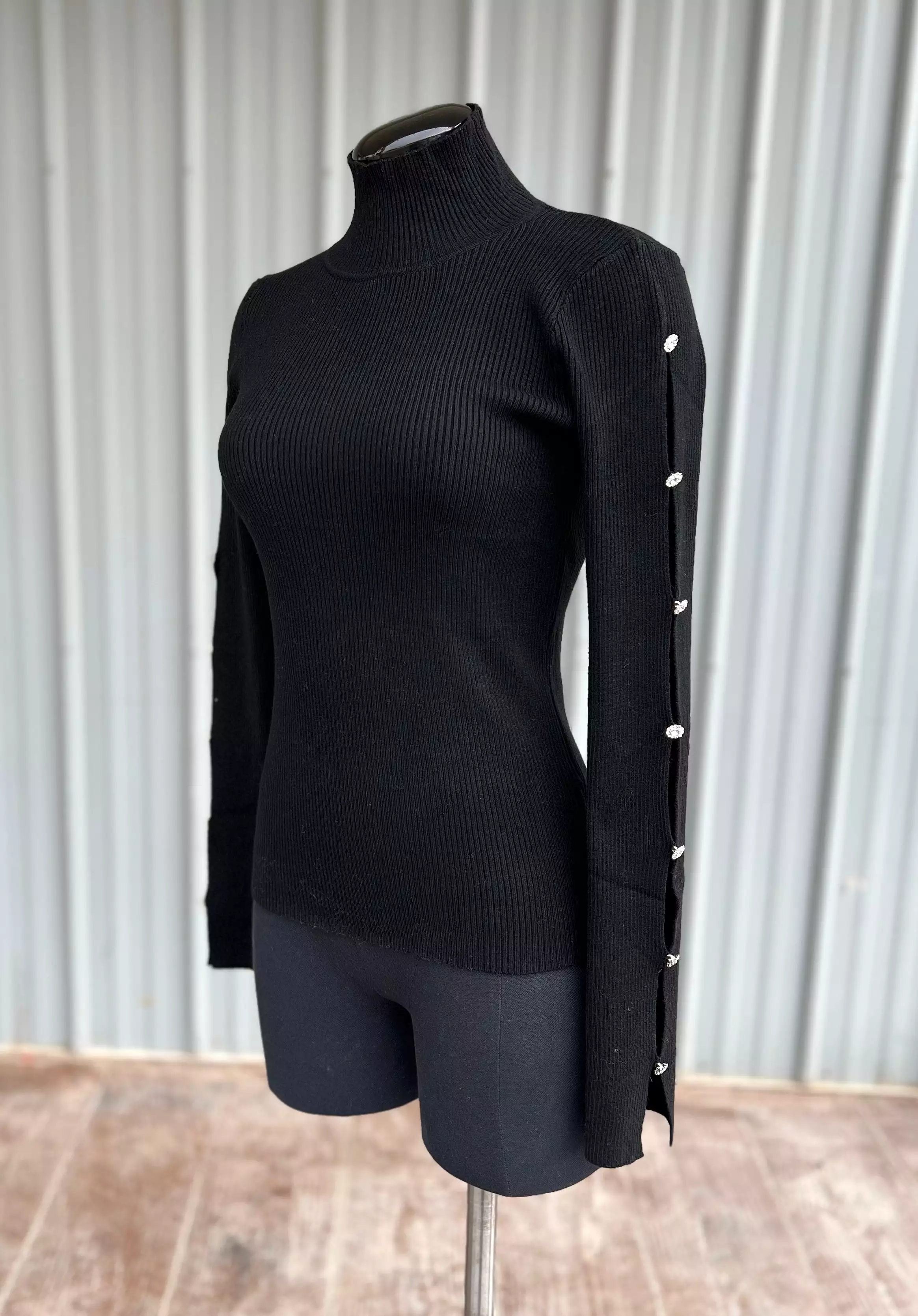 Black Ribbed Turtleneck with Crystal Sleeves