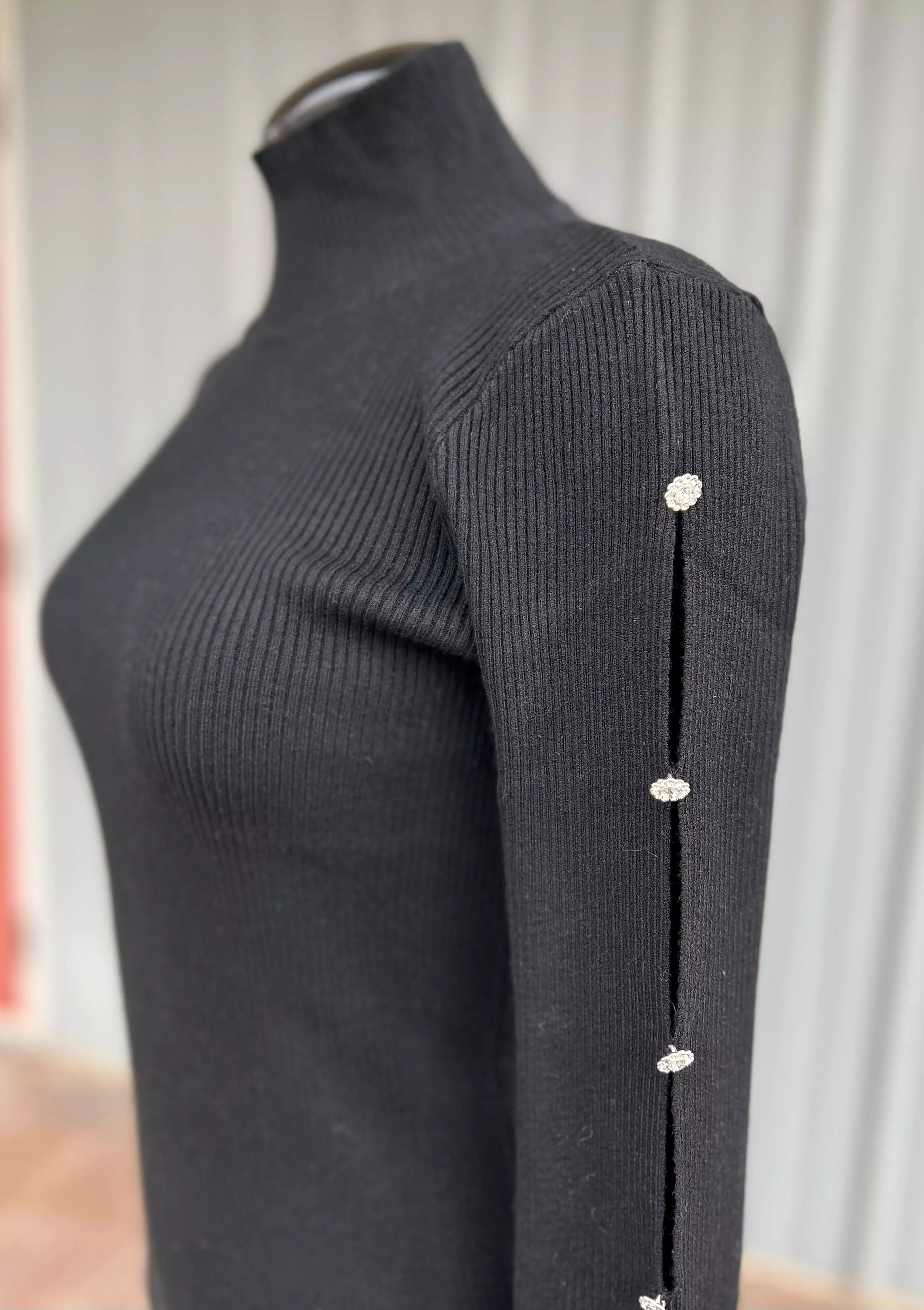 Black Ribbed Turtleneck with Crystal Sleeves