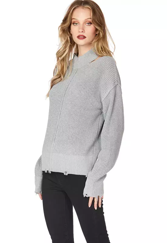 Bobi - Shoulder Cut-Out Turtleneck Sweater Heather Grey