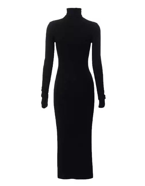 Bodycon Knitted Turtleneck Long Black Dress