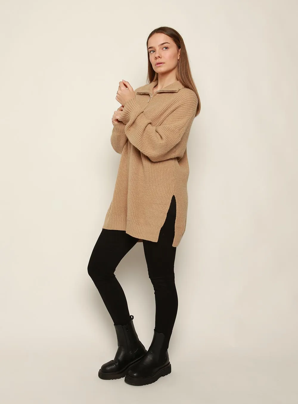 Bounty Wool Zip Knit-TAN