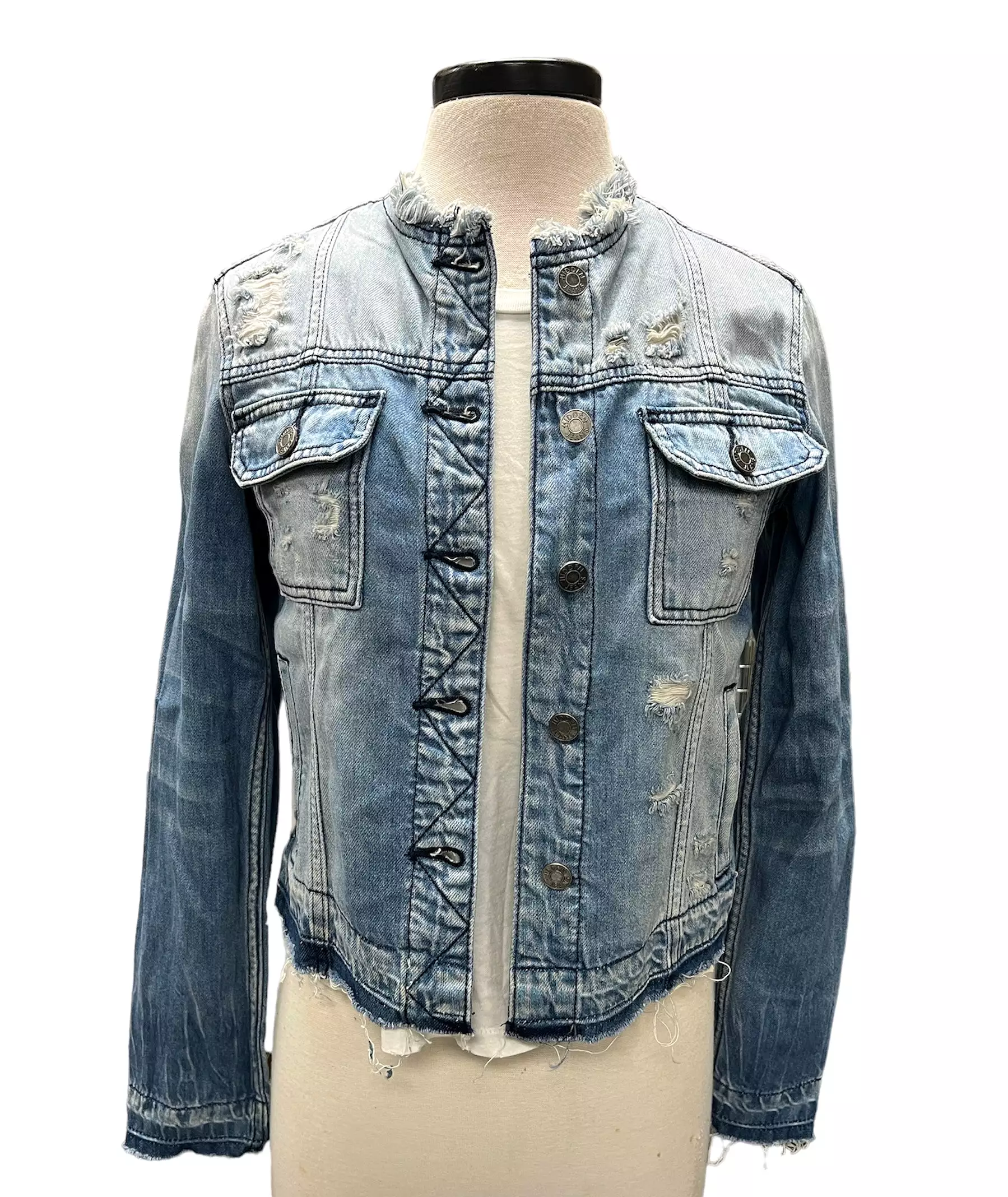 Collab 322 Collarless Blue Denim Jacket