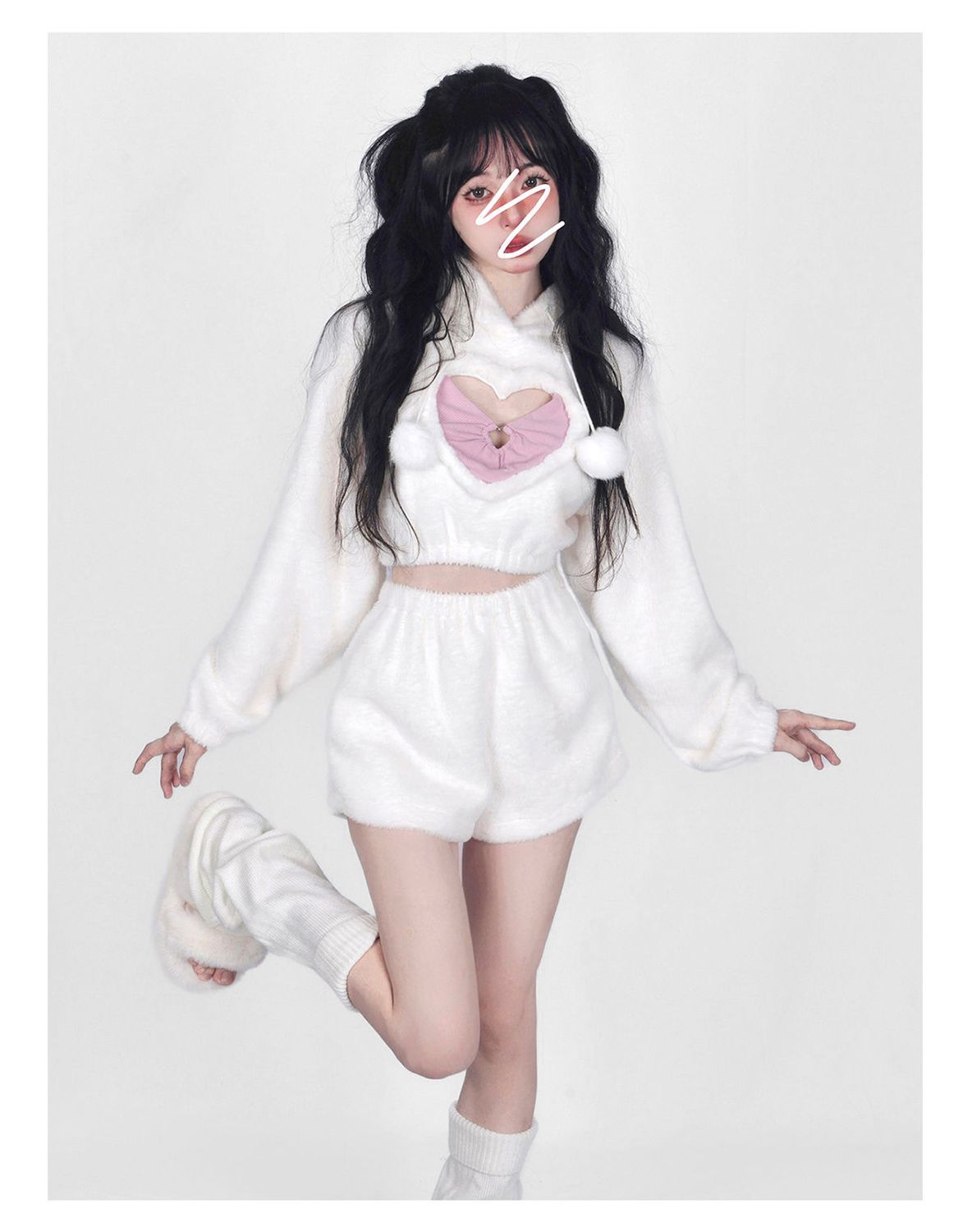 Cute White Hoodie Heart Two Piece Set