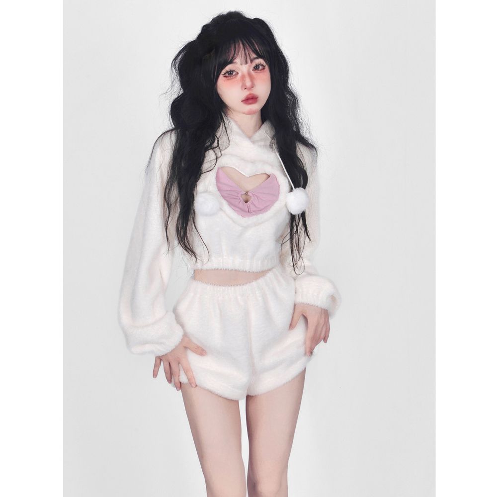 Cute White Hoodie Heart Two Piece Set