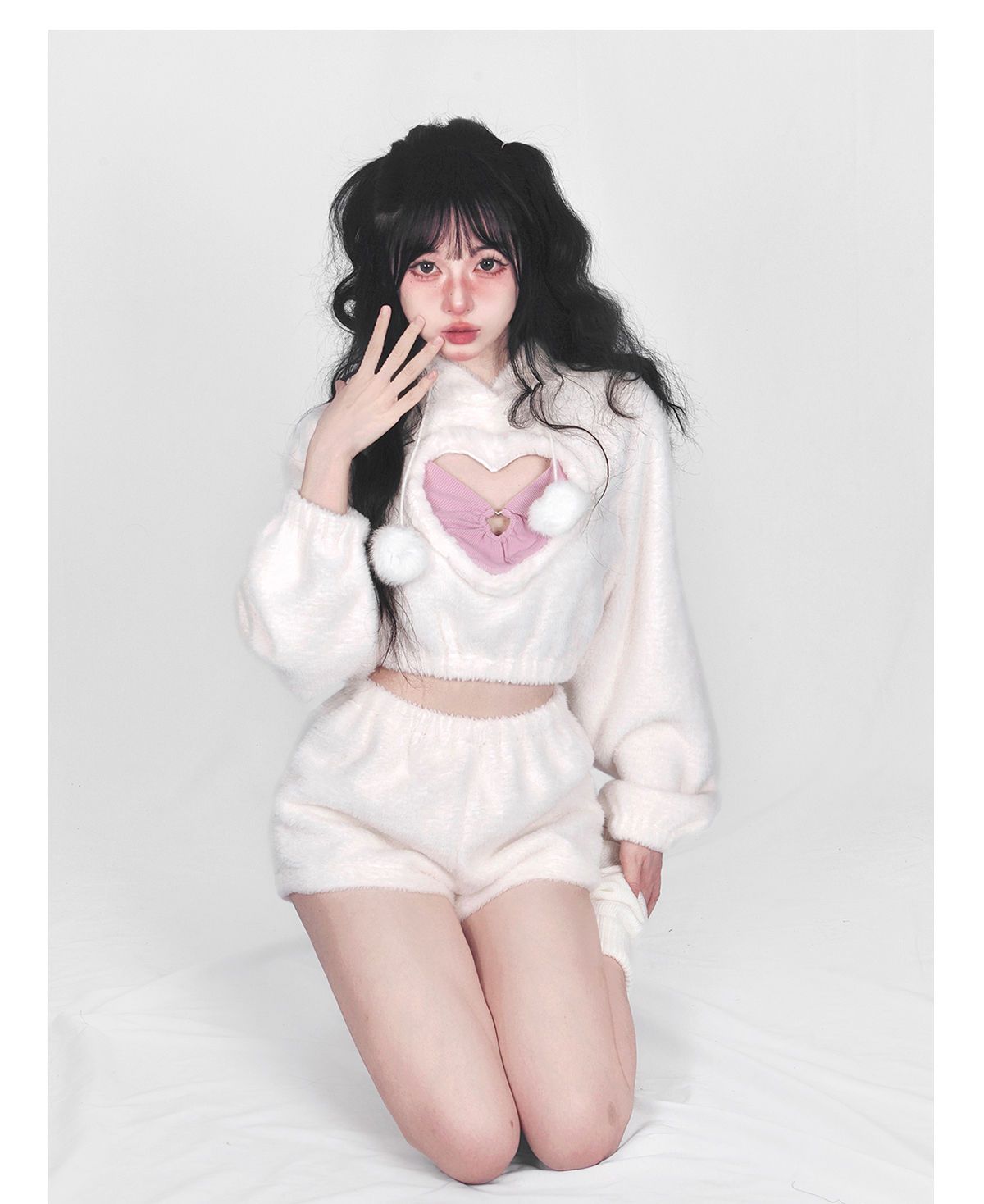 Cute White Hoodie Heart Two Piece Set