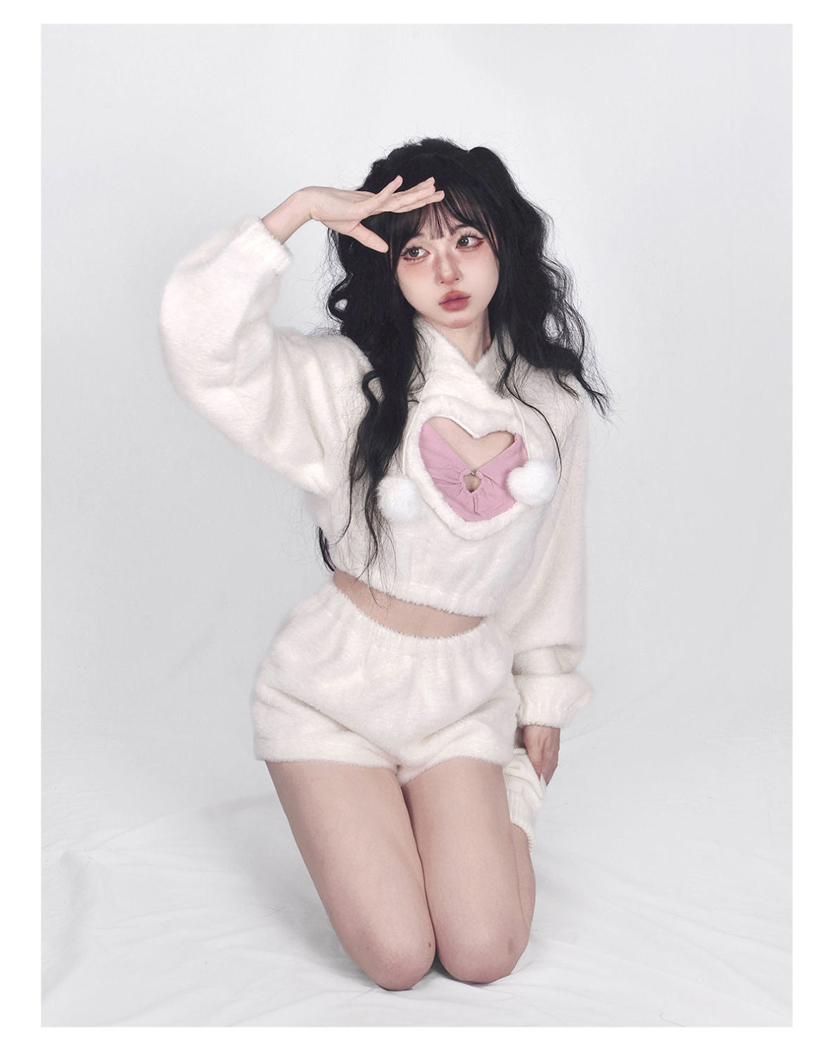 Cute White Hoodie Heart Two Piece Set