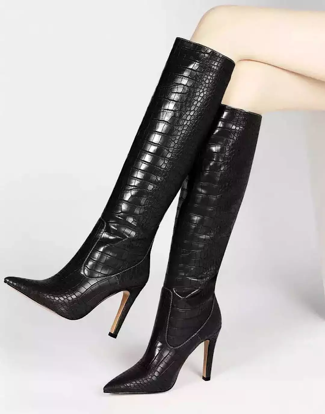 Faux Crocodile Skin Below The Knee Boots