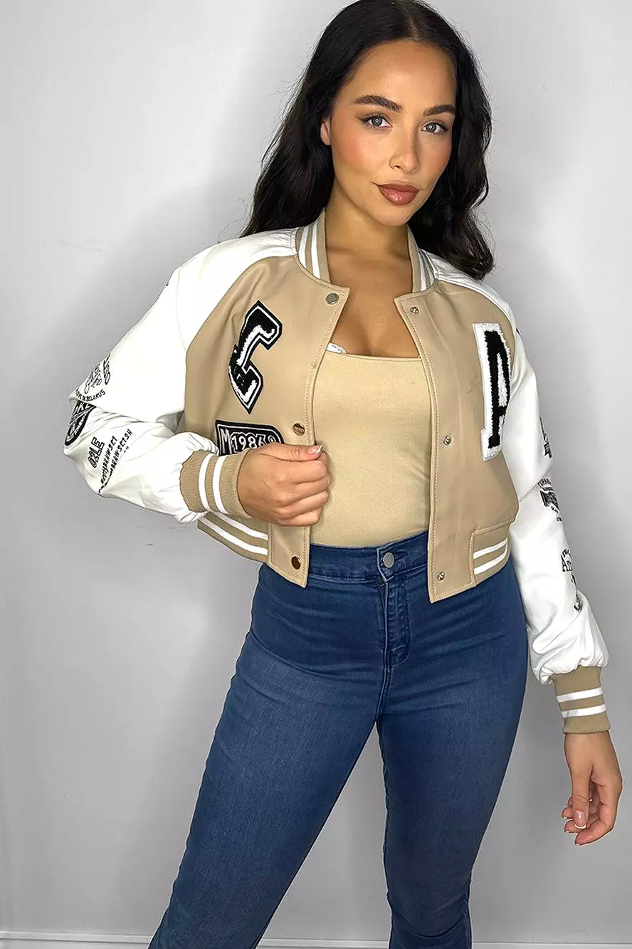 Faux Leather Cropped Contrast Varsity Bomber Jacket