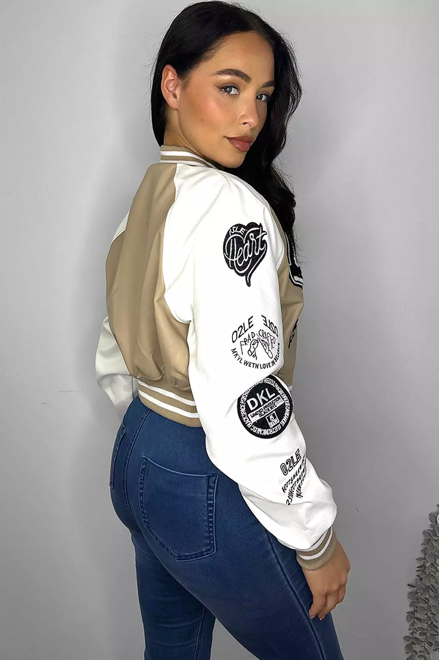 Faux Leather Cropped Contrast Varsity Bomber Jacket