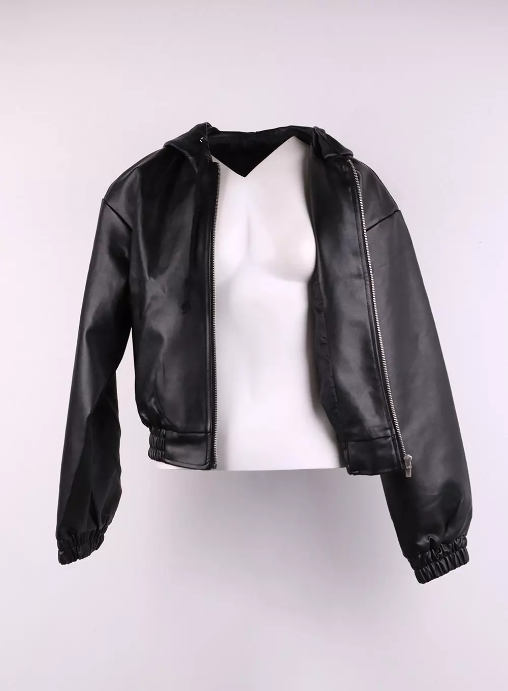 Faux Leather Hooded Bomber Jacket CJ429