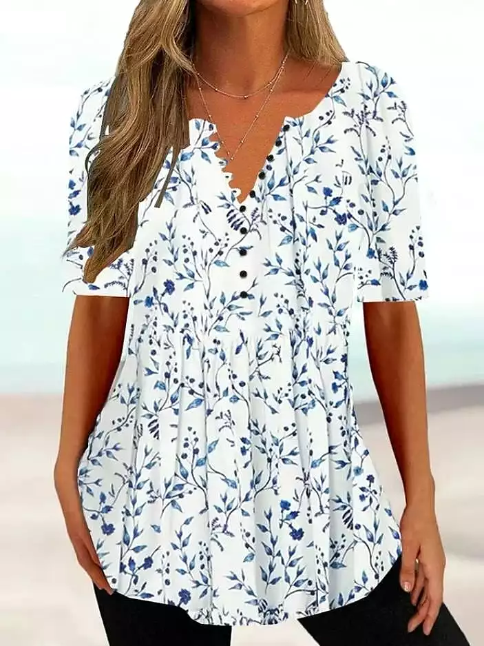 Floral Print Henley Tunic Tee for Women