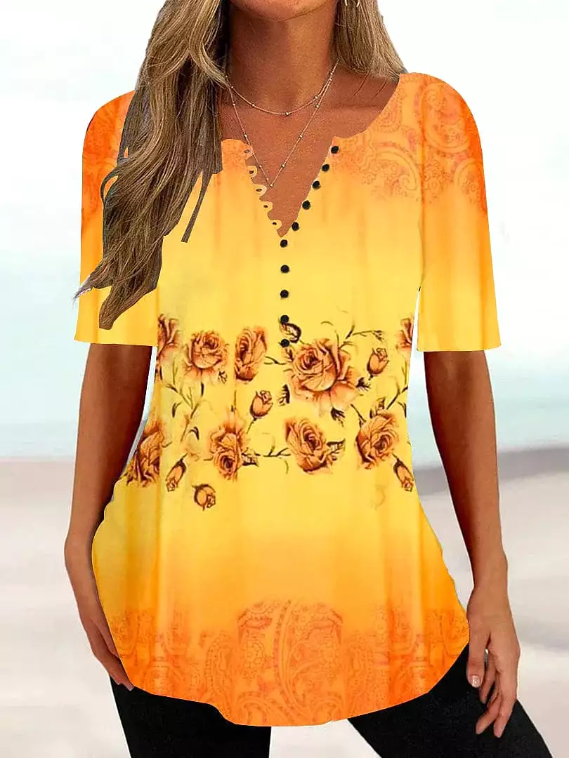 Floral Print Henley Tunic Tee for Women