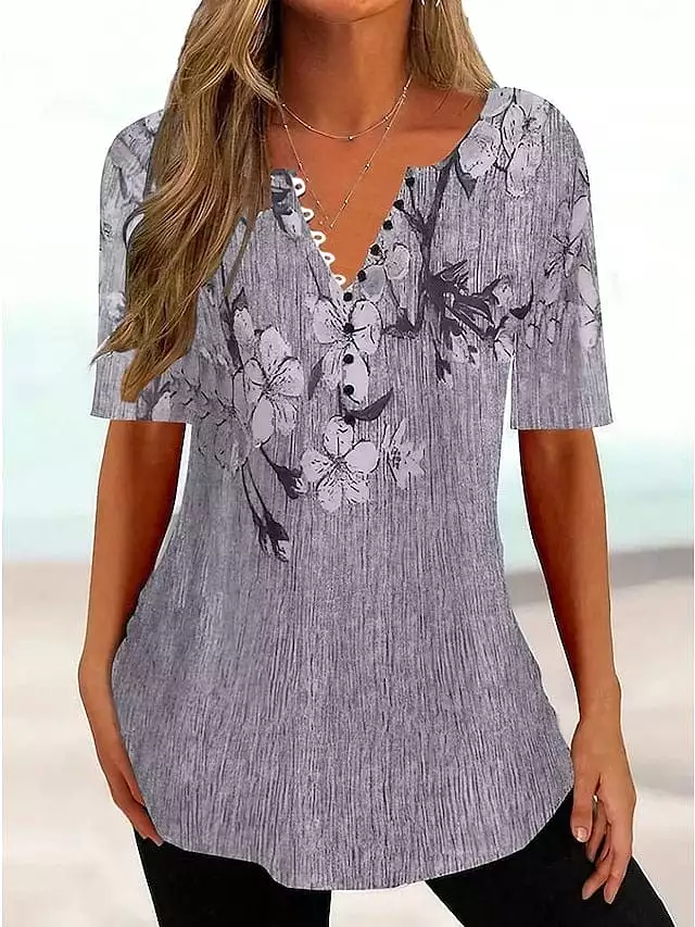 Floral Print Henley Tunic Tee for Women