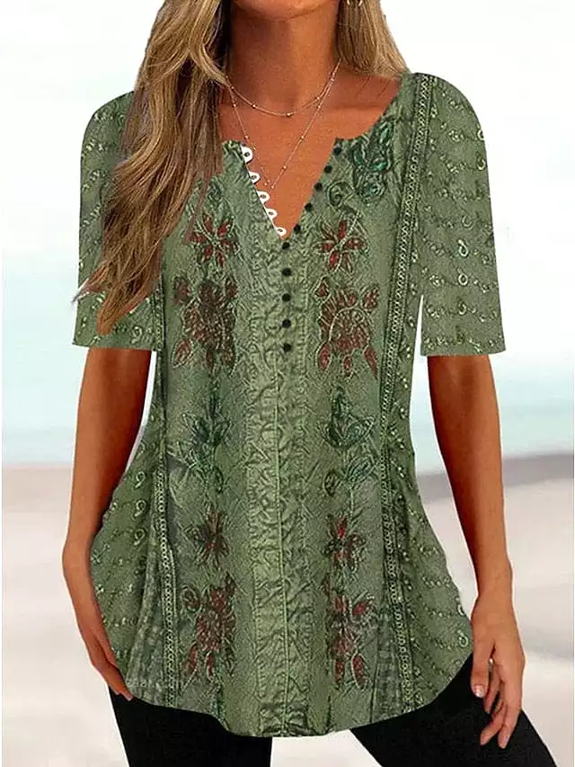 Floral Print Henley Tunic Tee for Women