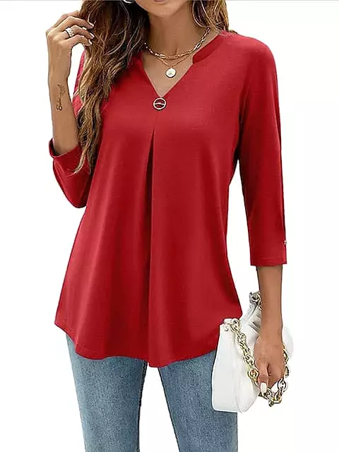 Flowing Tunic with 3/4 Sleeve and V Neck in Black, White, and Pink