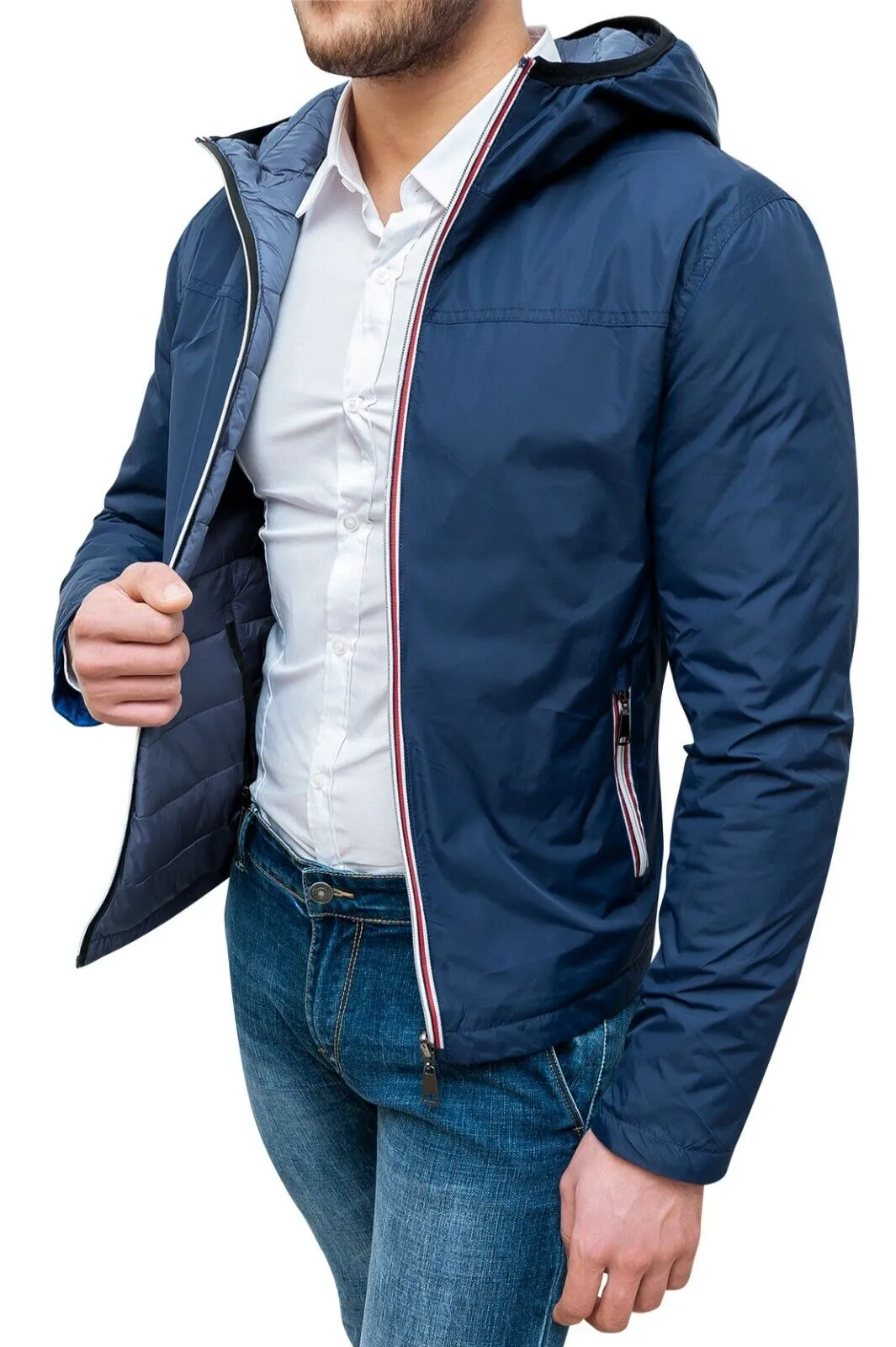 Giubbotto piumino uomo blu slim fit casual bomber impermeabile con cappuccio