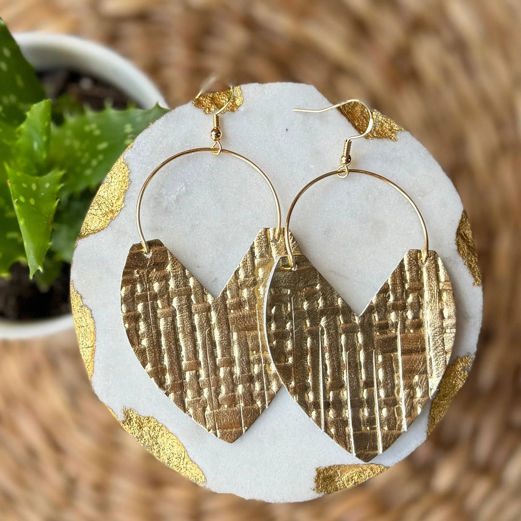 Glam Hoops - Gold Basketweave  Leather Earrings