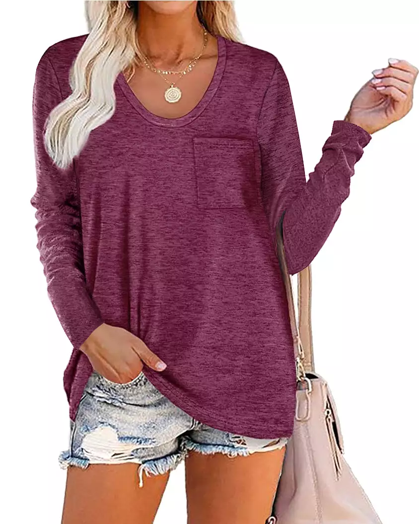 Haute Edition Long Sleeve Heather Pocket Scoop Neck Long Sleeve Pocket Tunic Top