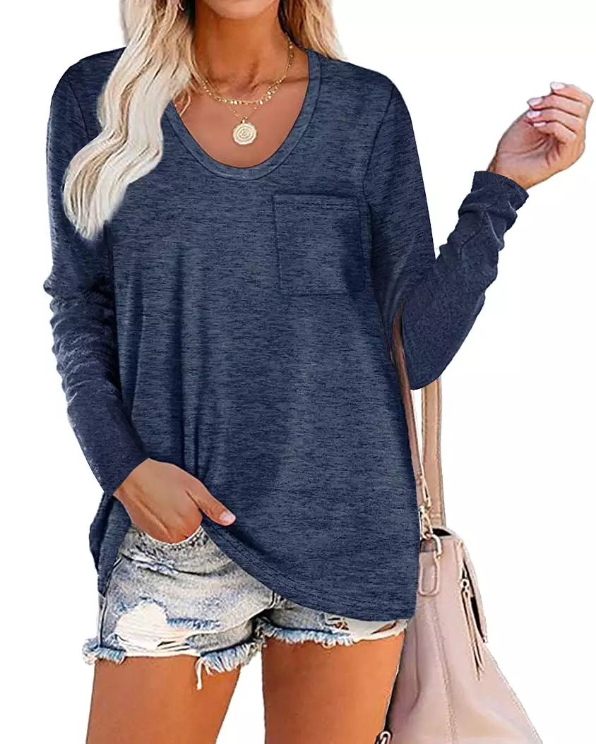 Haute Edition Long Sleeve Heather Pocket Scoop Neck Long Sleeve Pocket Tunic Top