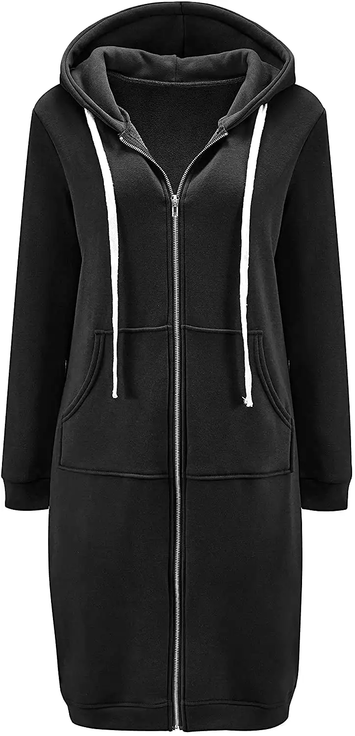 Haute Edition Women's Tunic Long Length Full Zip Hooded Sweatshirt Hoodie