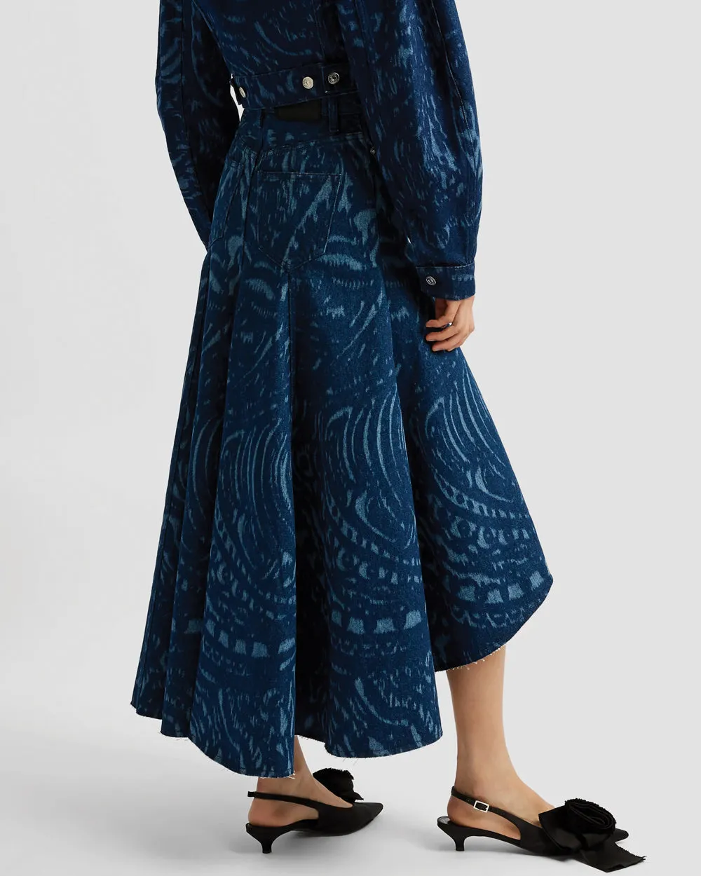 Indigo Denim Fit and Flare Midi Skirt