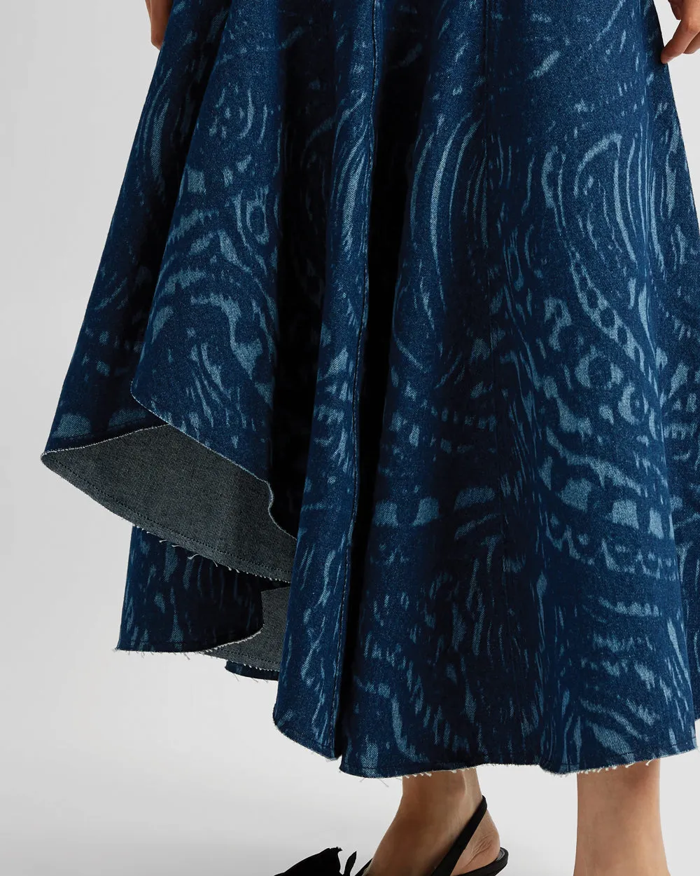 Indigo Denim Fit and Flare Midi Skirt