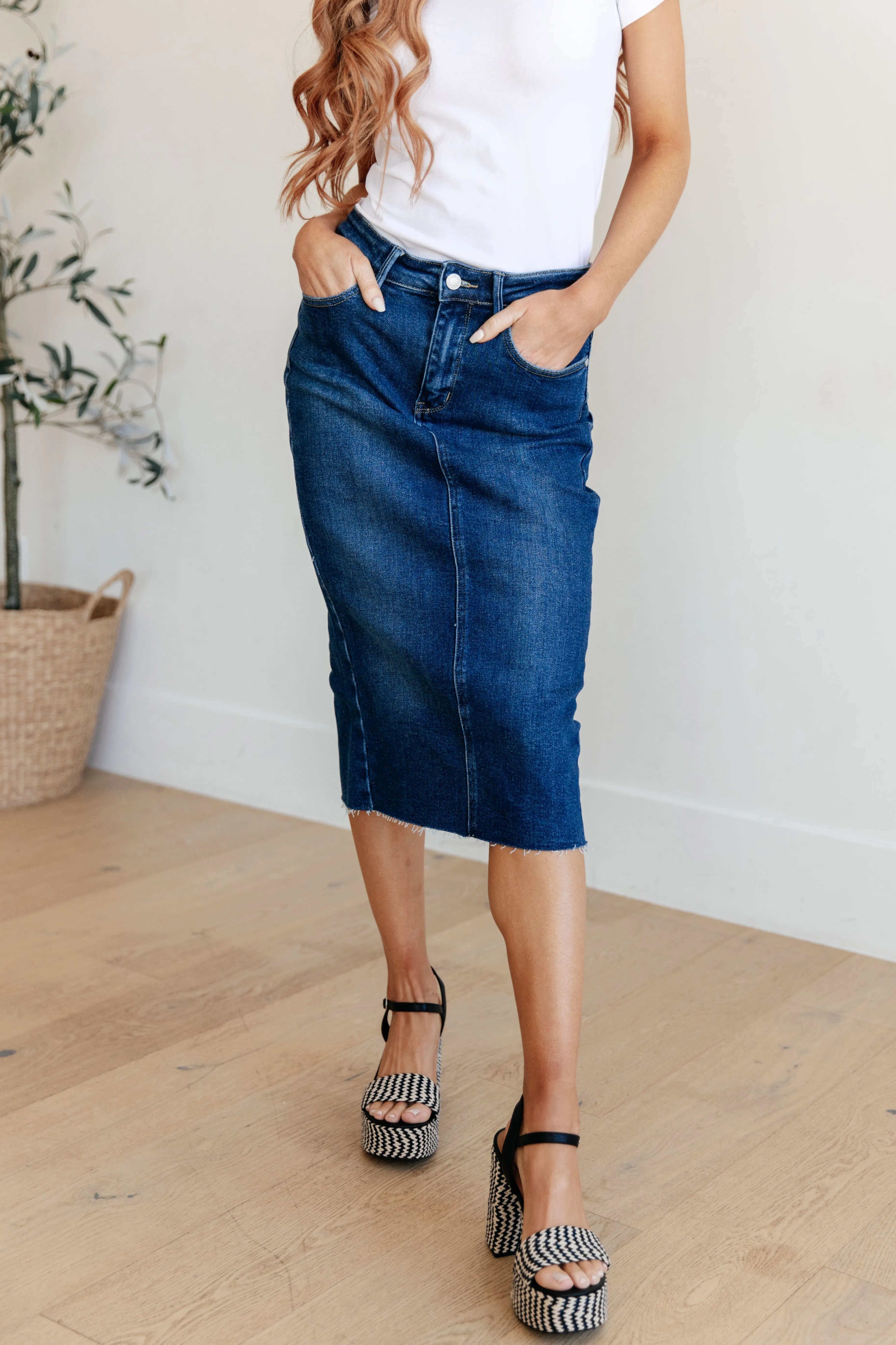 Judy Blue Dark Wash Denim Midi Skirt