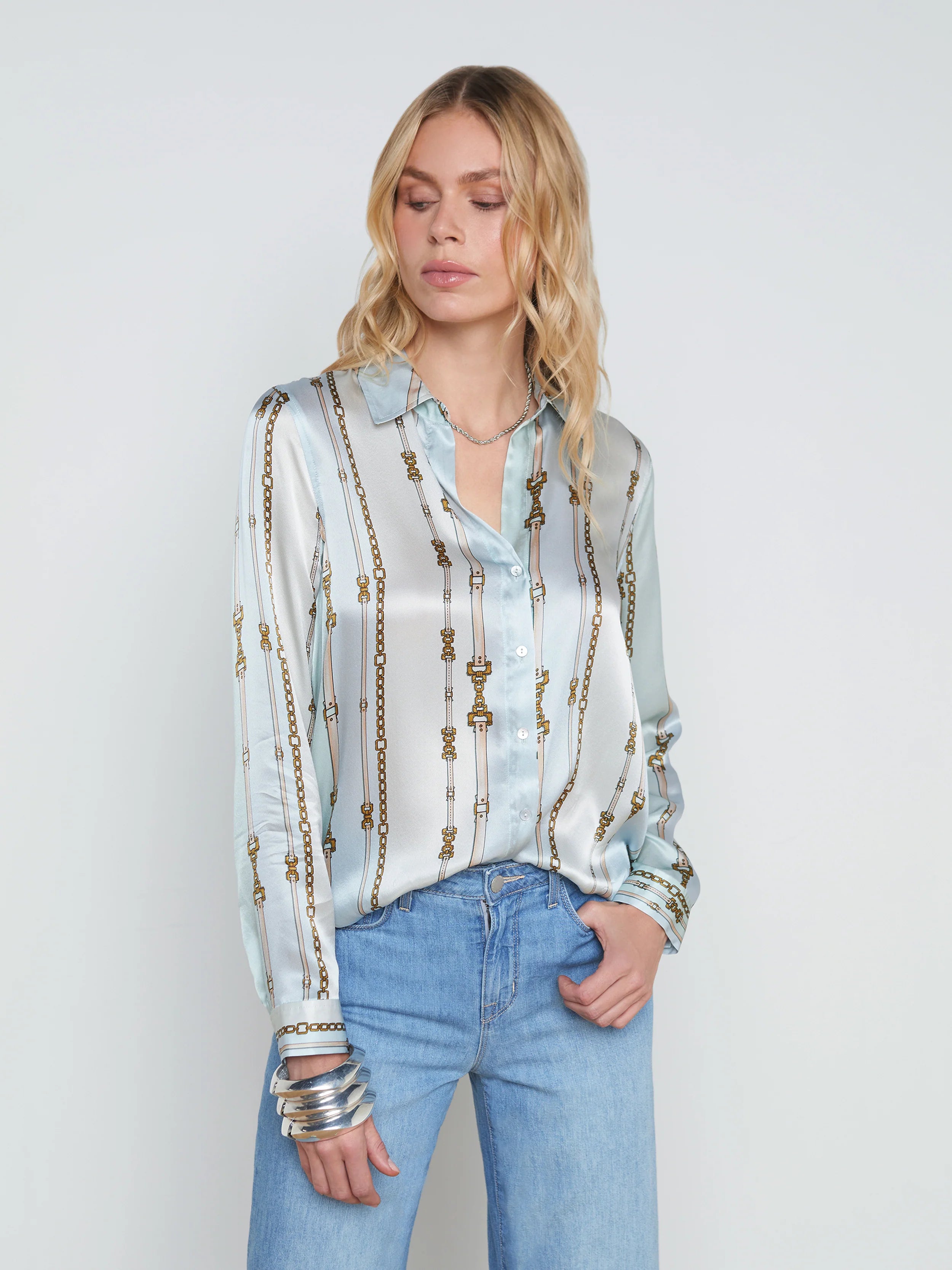 L’agence - Tyler Silk Blouse - Pastel Multi Belt Stripe