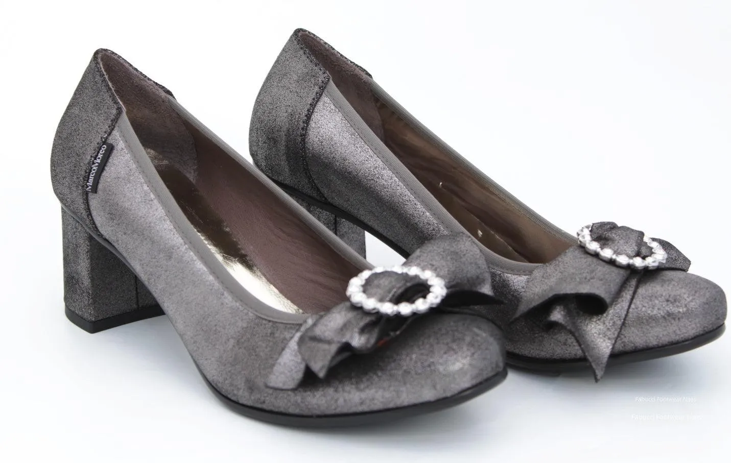 MARCO MOREO Pewter Leather Block Heel court shoe  with bow detail