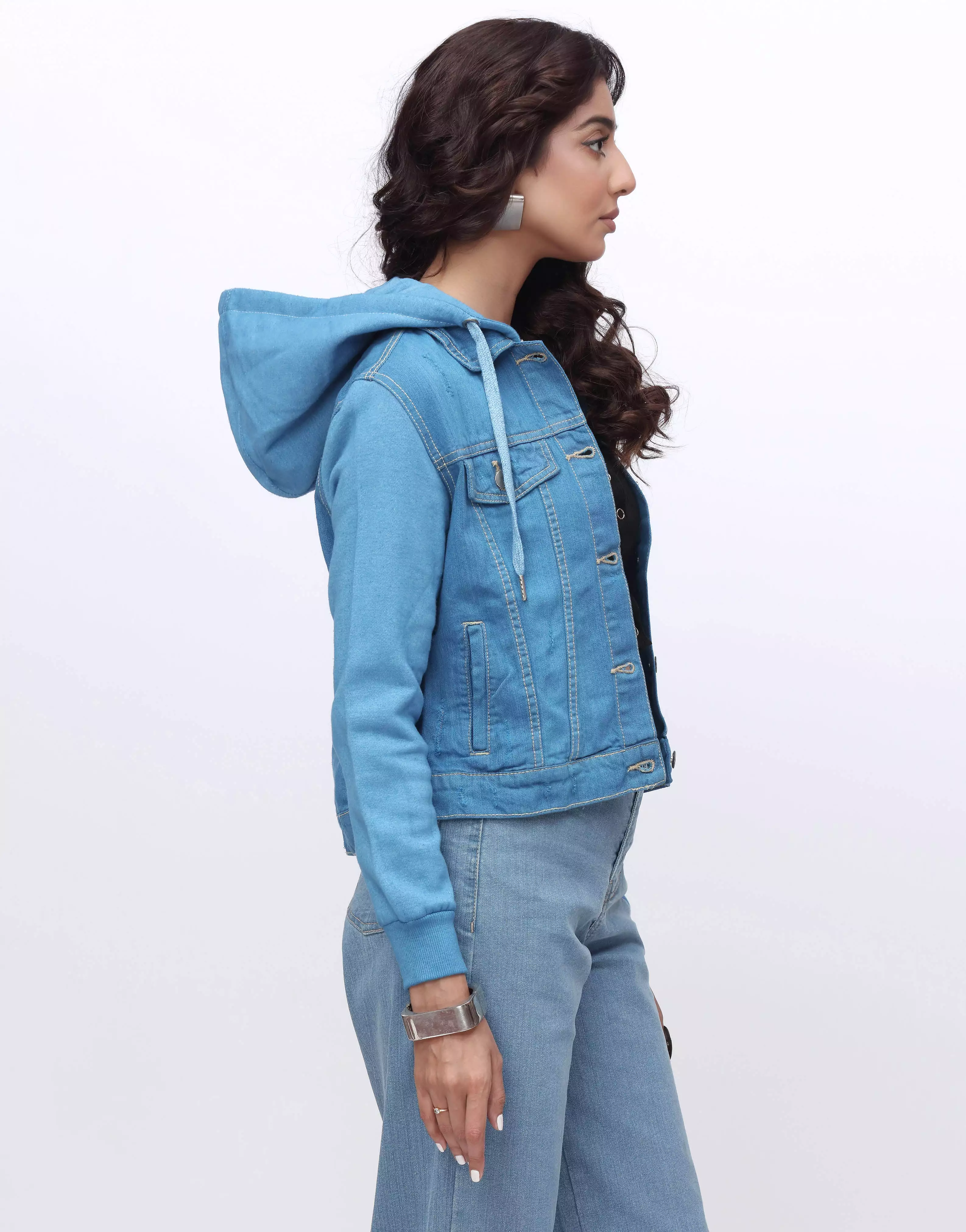 (Minor Fault) Hoodie Denim Jacket with Fleece Sleeves in Vintage Blue