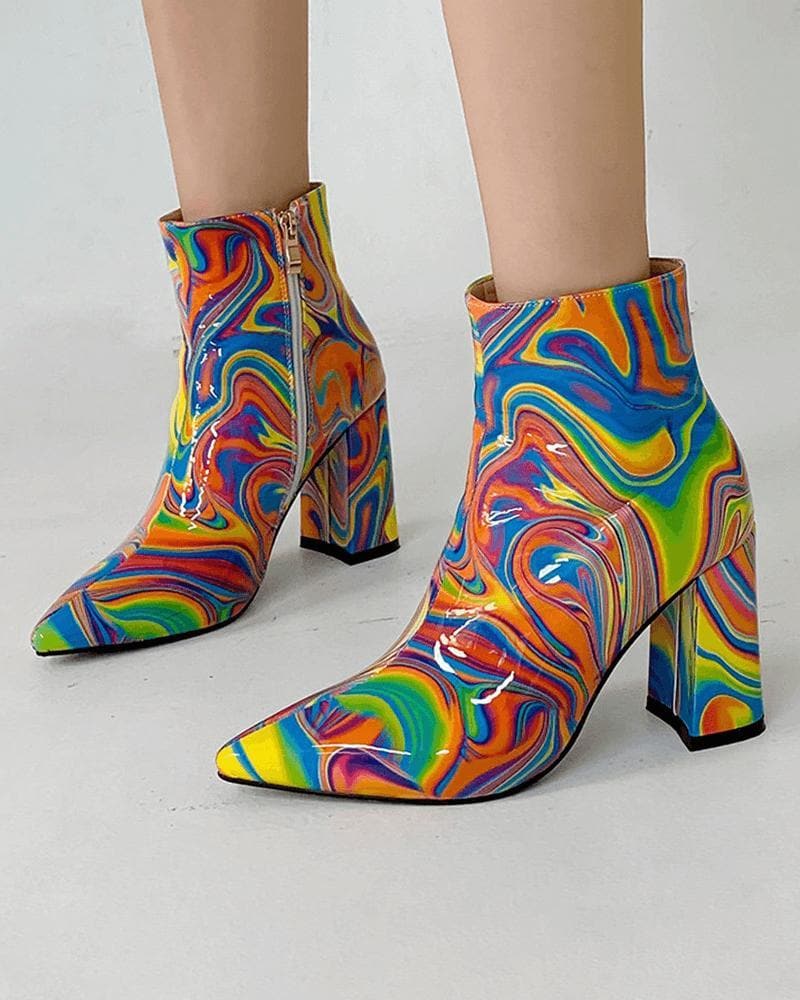 Multicolor Zipper Pointed Toe Boots