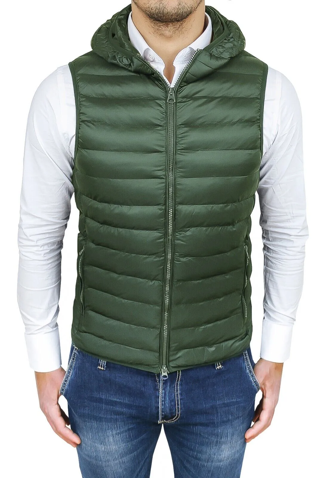 Piumino smanicato uomo slim fit verde gilet giubbotto bomber con cappuccio