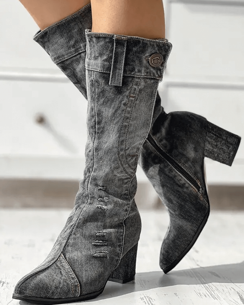 Pointed Toe Denim Zipper Boots