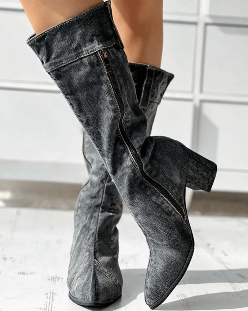 Pointed Toe Denim Zipper Boots