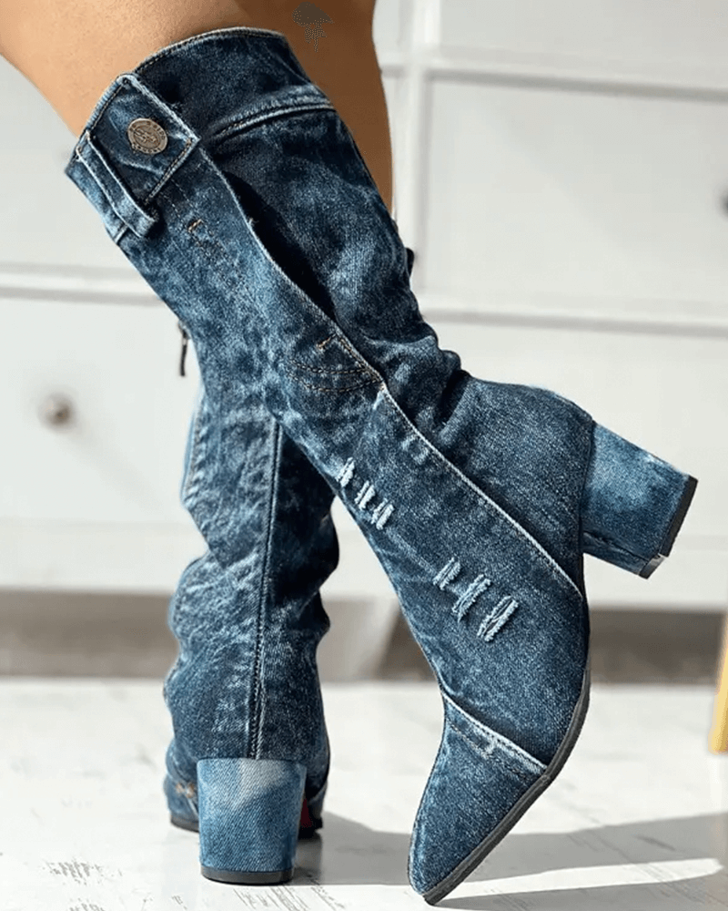 Pointed Toe Denim Zipper Boots