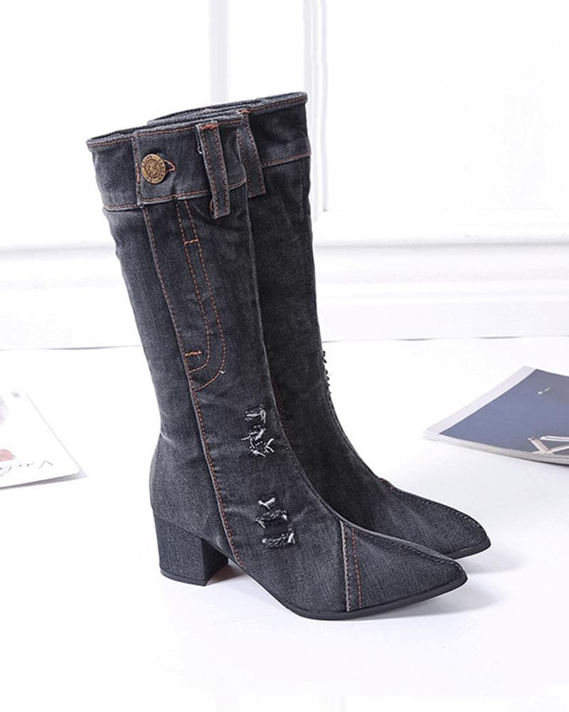 Pointed Toe Denim Zipper Boots