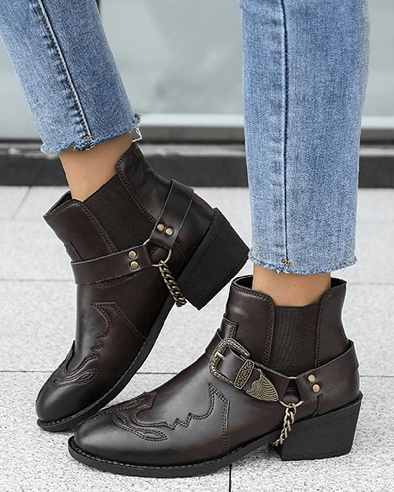 Retro Buckle Decoration Slip On Ankle Boots