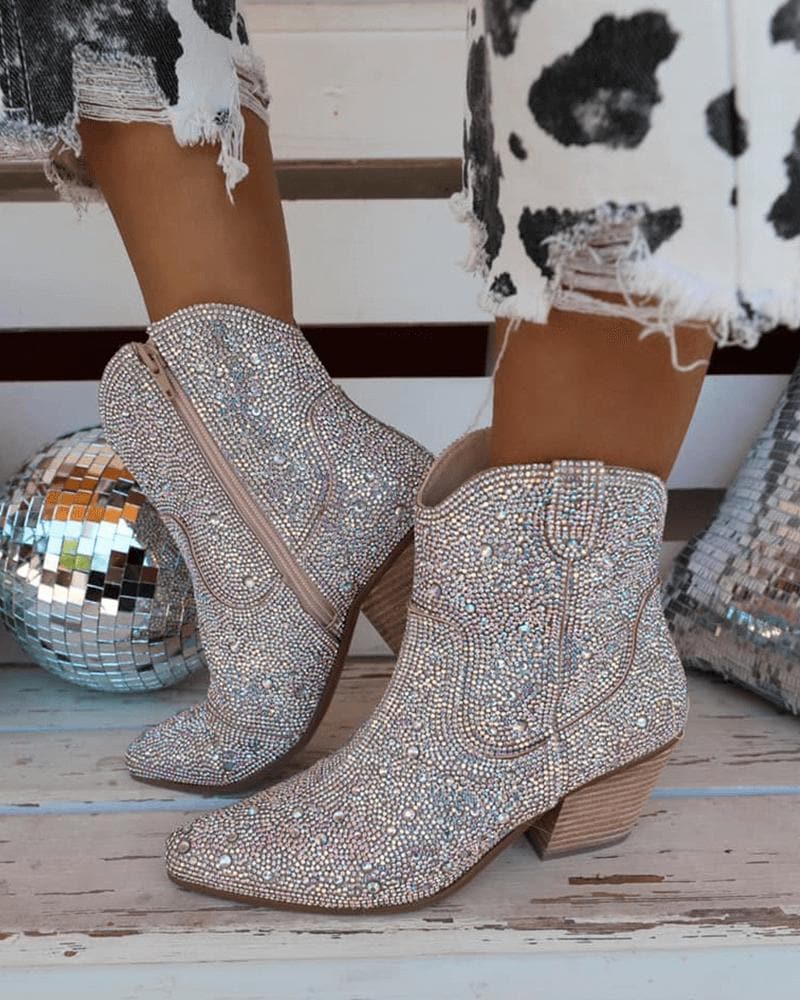 Rhinestone Pointed Toe Zipper Ankle Boots