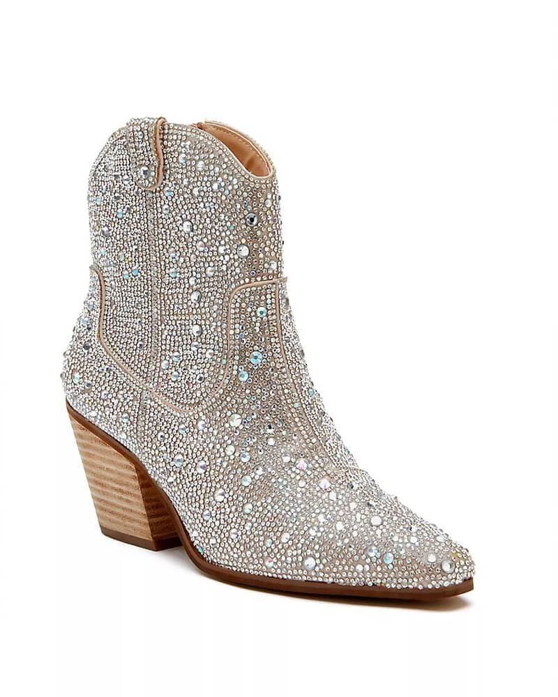 Rhinestone Pointed Toe Zipper Ankle Boots