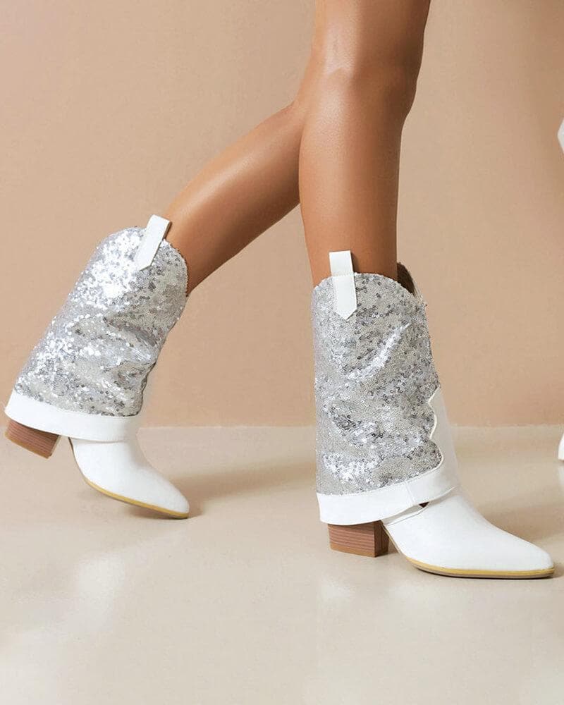 Sparkling Glitter Chunky Heel Boots