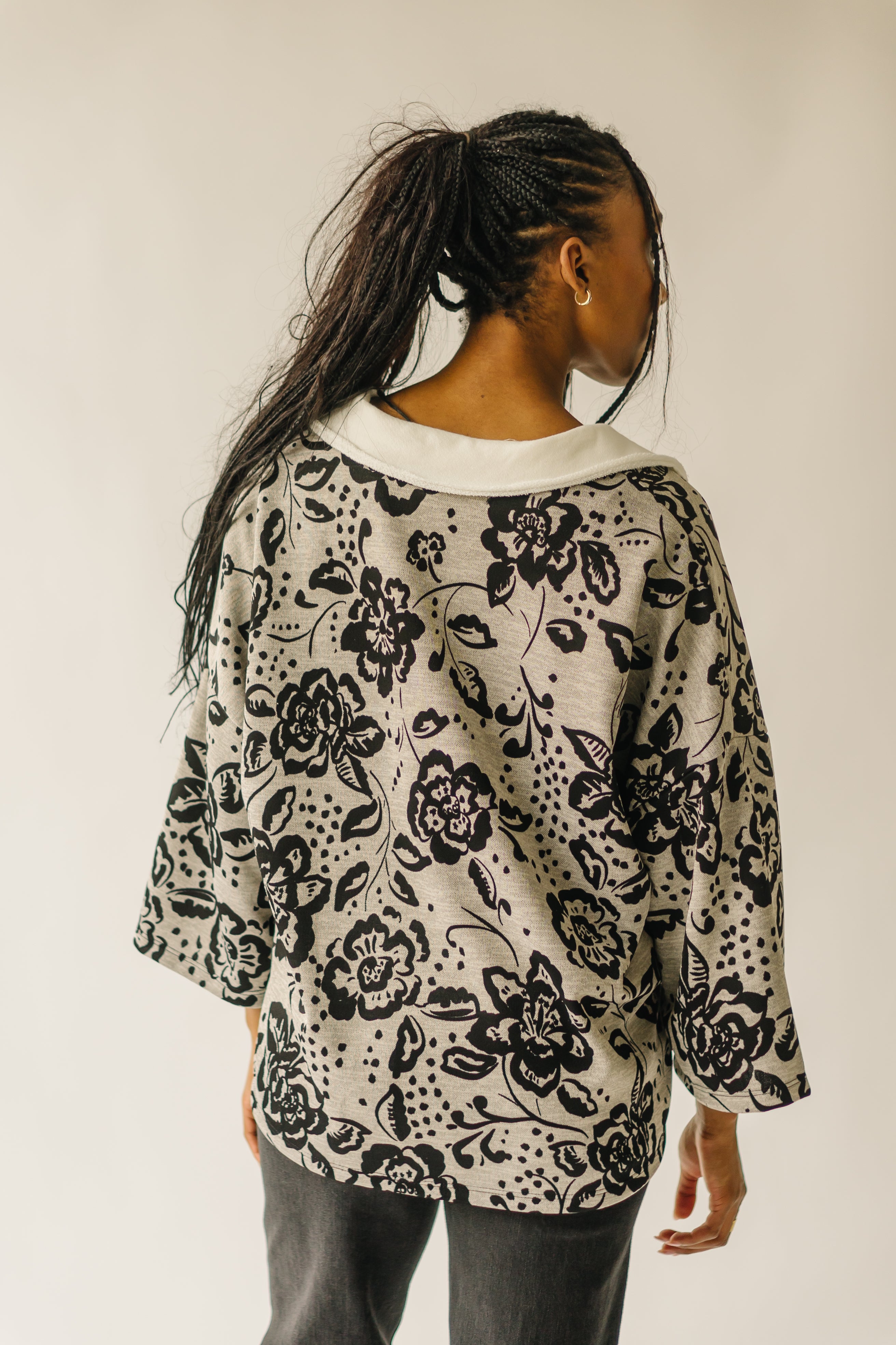 The Ellery Collared Pullover in Gray + Black Floral