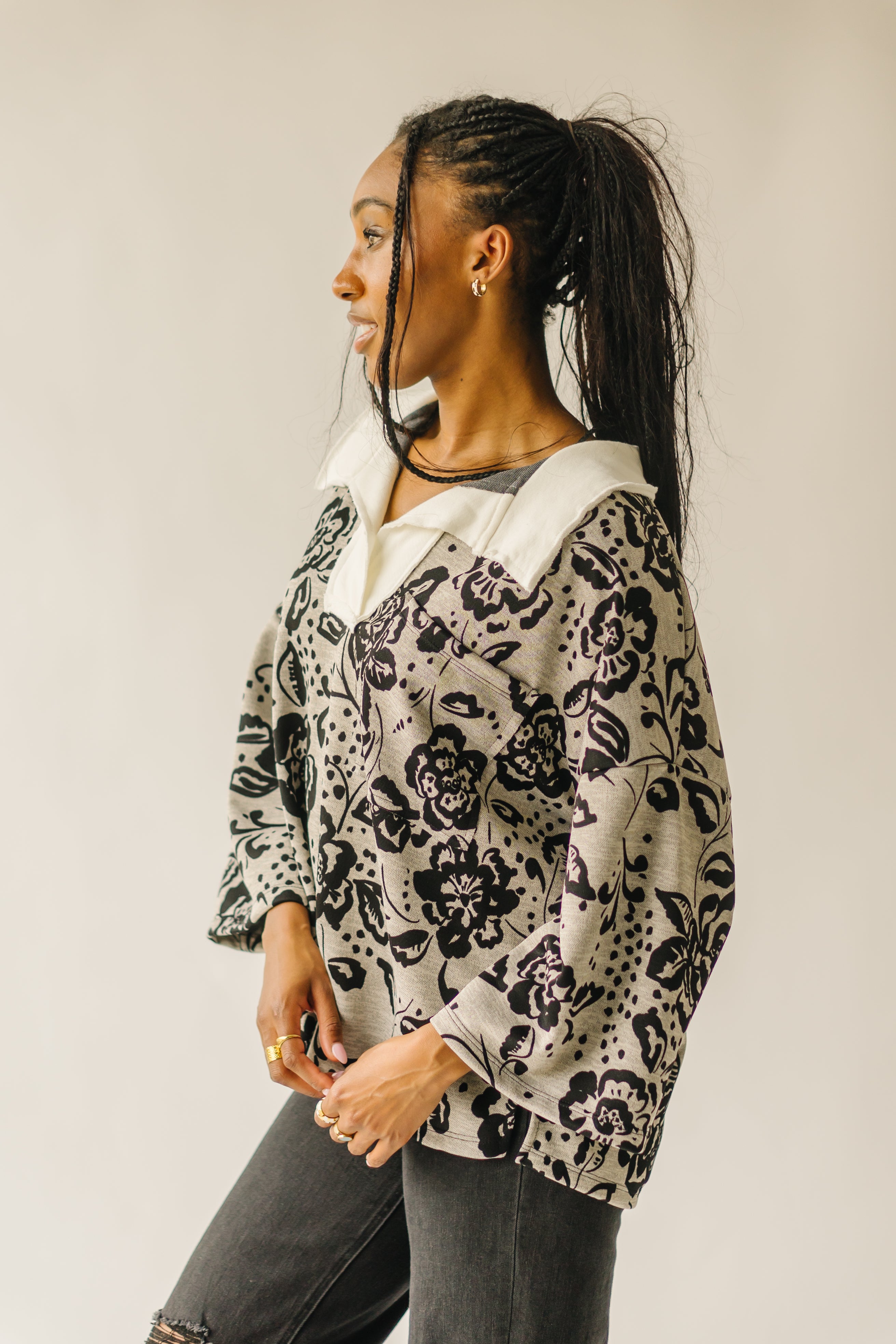 The Ellery Collared Pullover in Gray + Black Floral