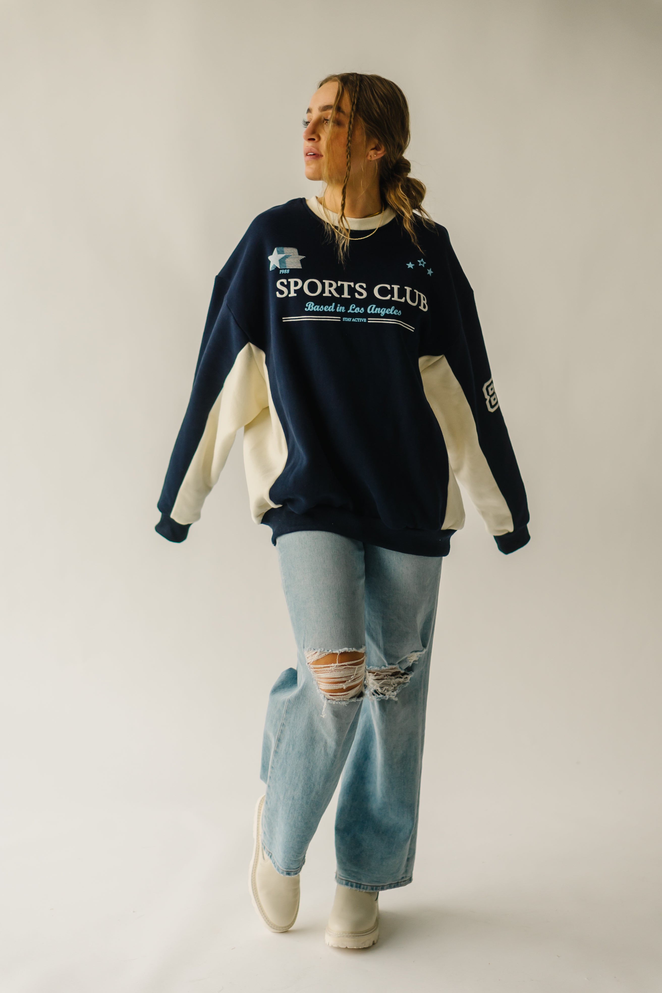 The Sports Club Graphic Pullover in Navy + Cream